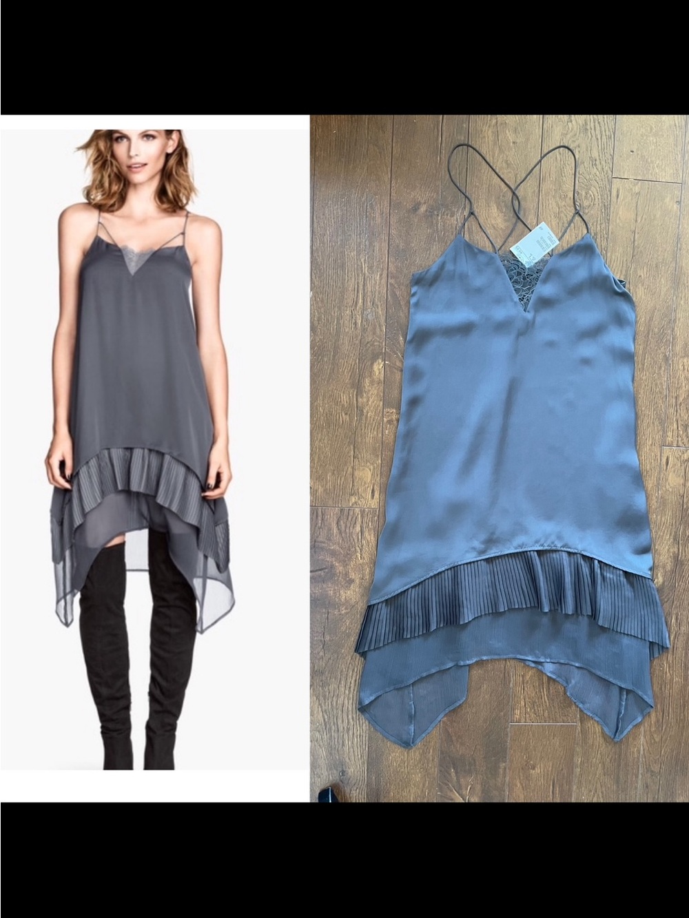 NWT Stunning Asymmetrical Pleat Hem  A-Line Charcoal Dress. Size 4.